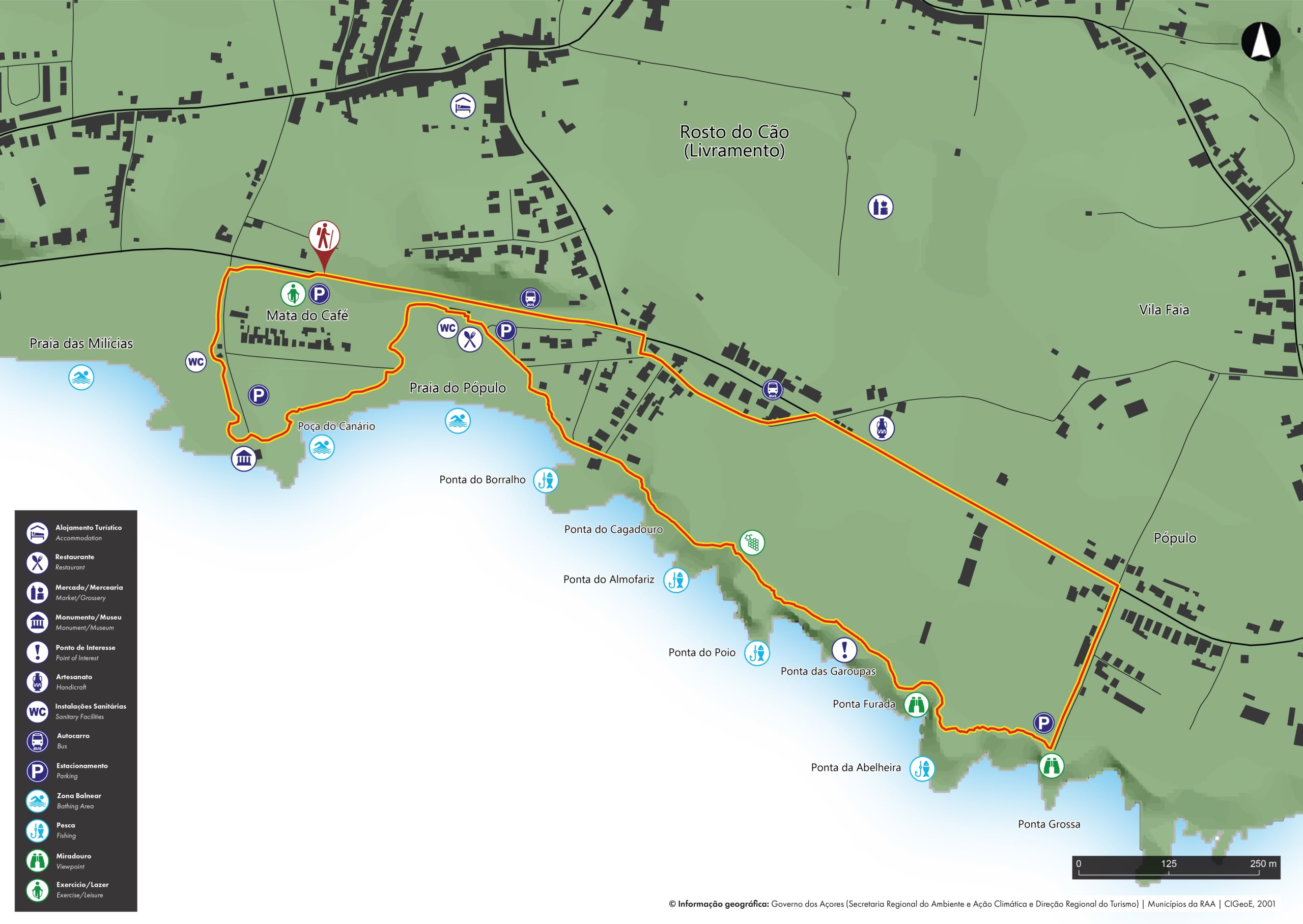 Informational coastal map showing beaches, parking, restrooms, and tourist icons along the shore with a legend on the left.